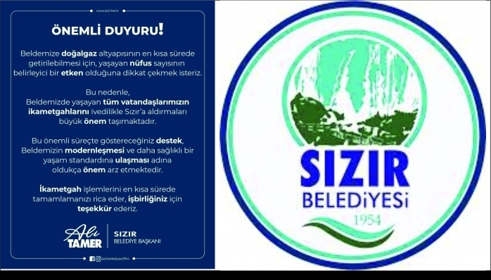 Sızır Belediyesinden Doğalgaz İçin Nüfus Uyarısı